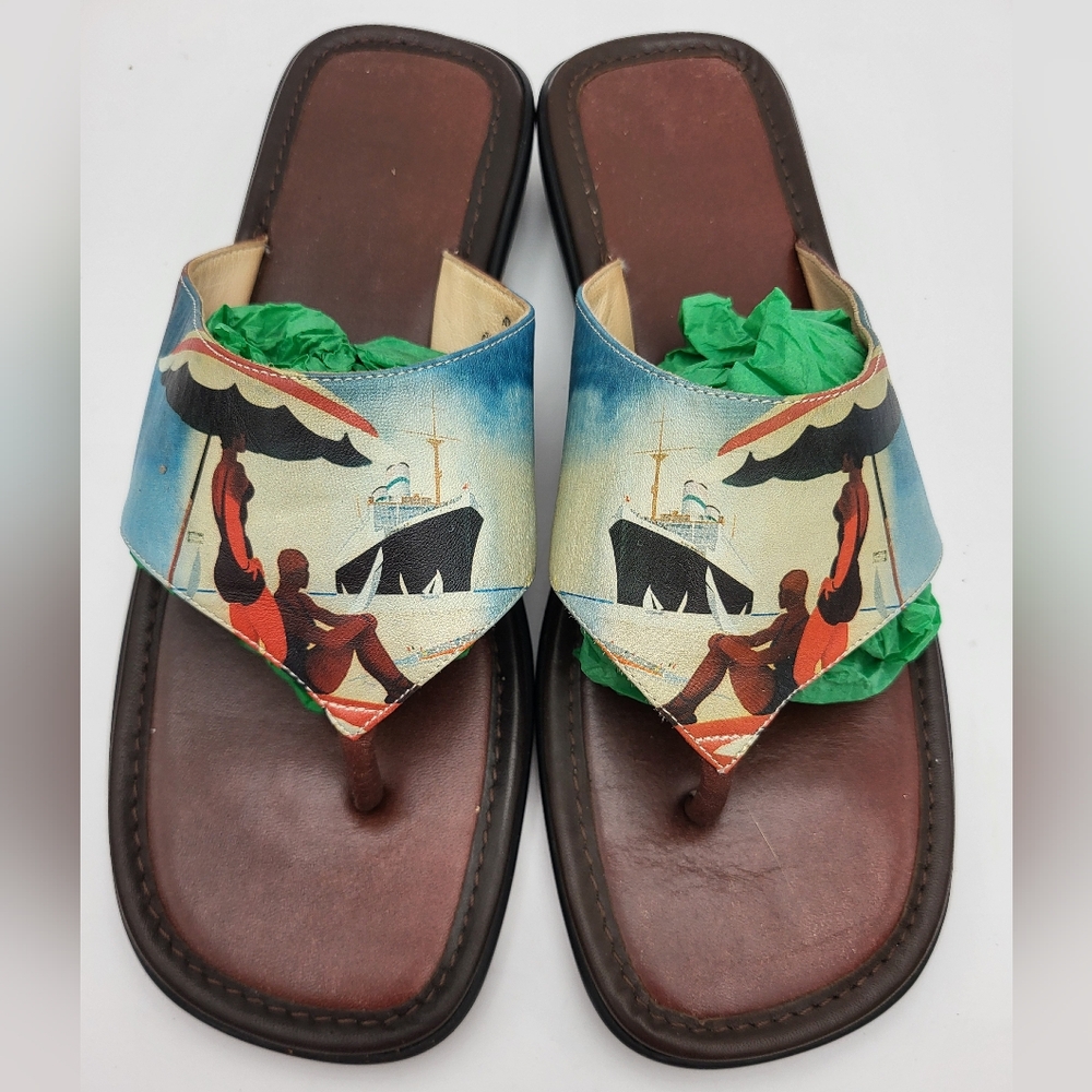 ICON Wearable Art Slides Leather  Vintage Beach Scene Sandals 8½